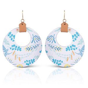 Printed Hoop Leather Earrings - Aqua Floral